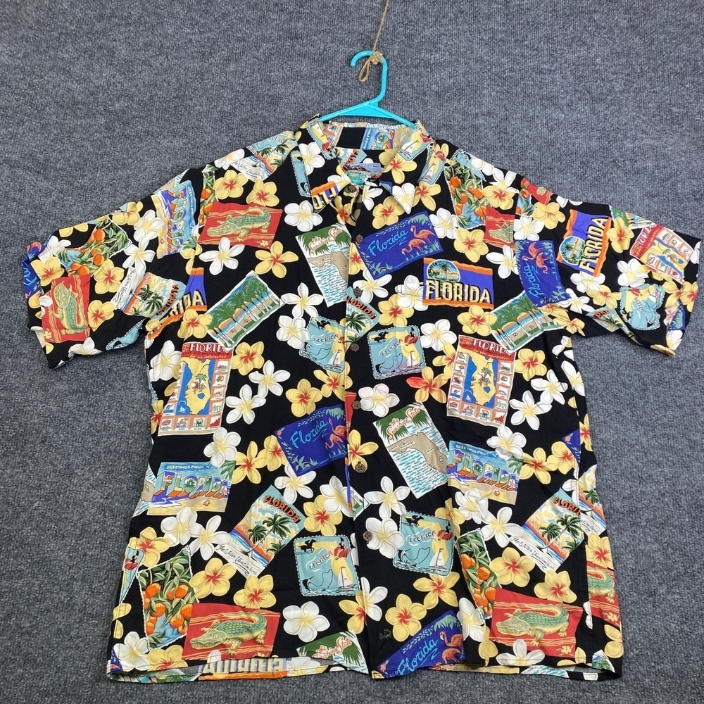 Reyn Spooner Florida Postcard Hawaiian Shirt Mens XL Spun Rayon Tropical VTG